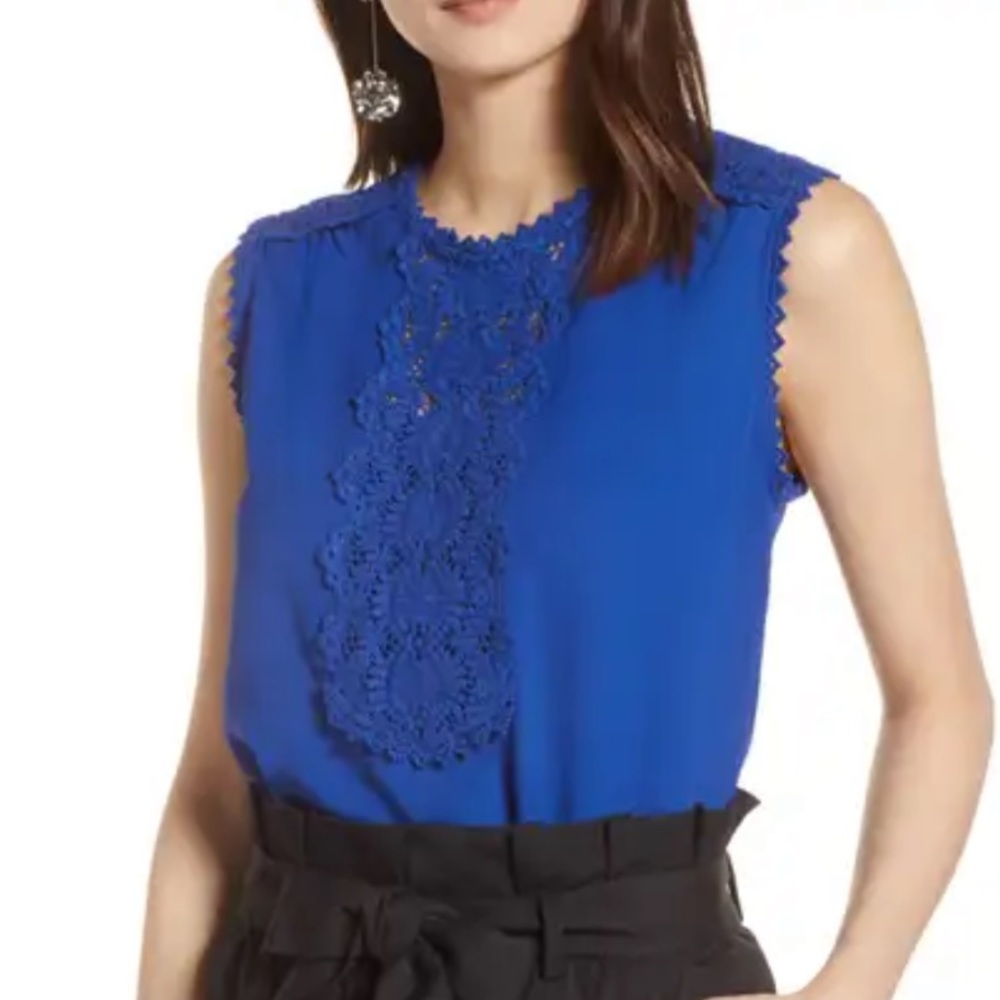 Halogen Lace Detail Stretch Crepe Sleeveless Top - Blue